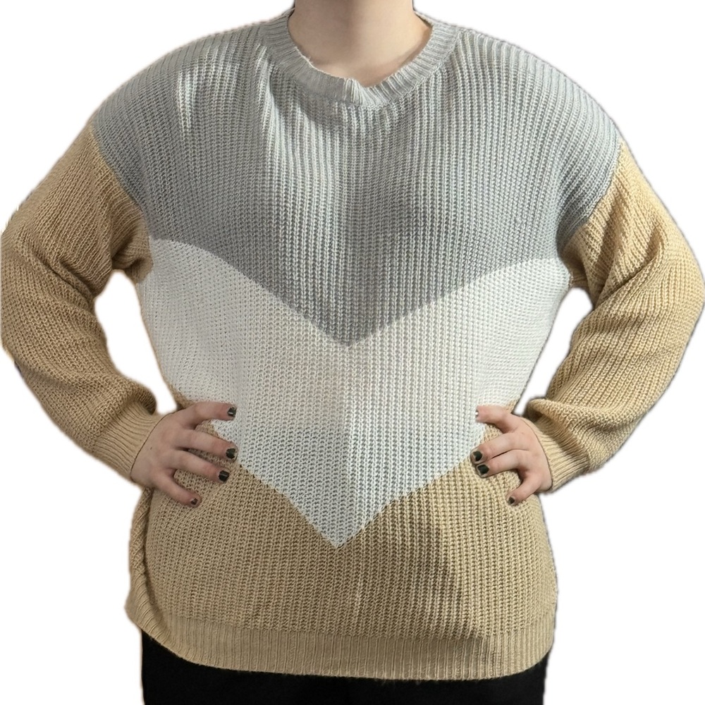 Colorblock Sweater - Gray, White, and Tan